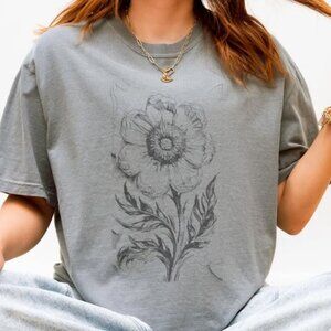 Flower Sketch Tee Soft Floral Arty Lino Boho Rustic Comfort Colors